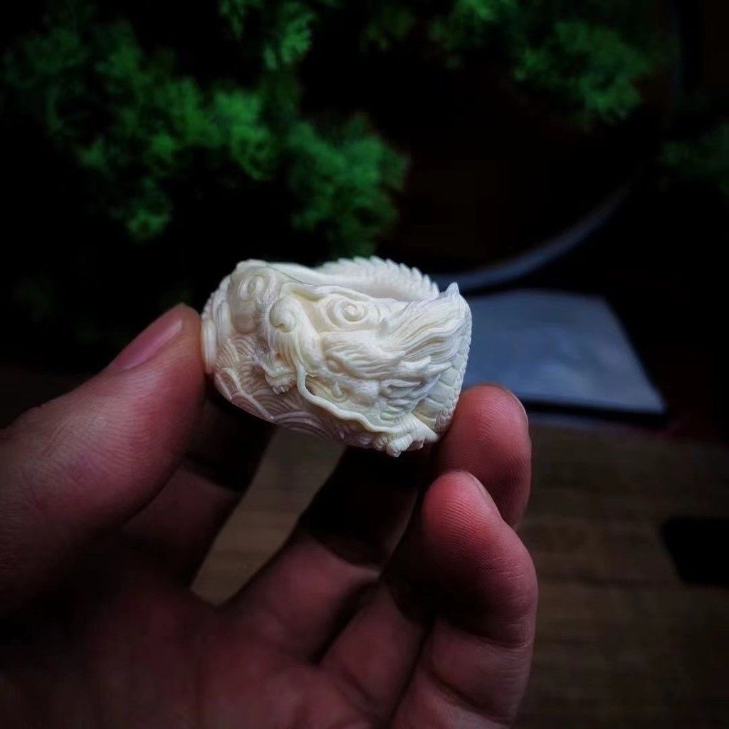 Natural Mammoth Ivory Dragon Ring Pixiu Auspicious Ruyi Fortune Full Pattern Round Ring Vintage Ring