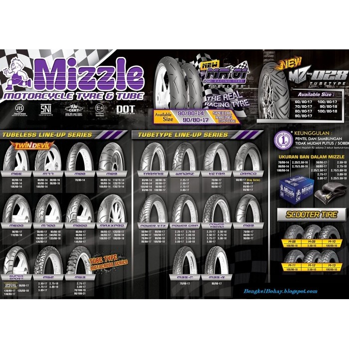 Ban Luar Mizzle M700R 90/80-17 100/80-17 80/80-17 Tubeless Sporty Baru