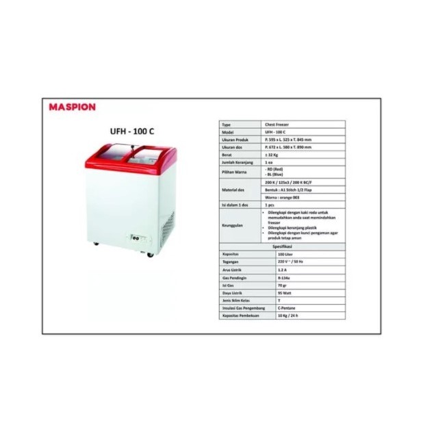 Maspion Chest Freezer Box Kaca 100 Liter Uchida 100L Ufh100C Ufh-100C