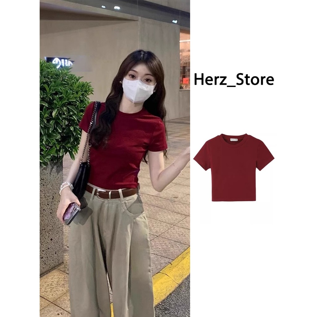 SA2 T SHIRT MERAH LENGAN PENDEK KAOS CROP TOP POLOS BAHU BULAT KETAT KEINGINAN MURNI BAJU ATASAN
