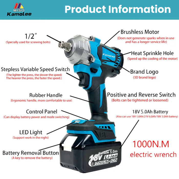 Kamolee Cordless Electric Impact Wrench 1000N.m-DTW500 Impact Drill