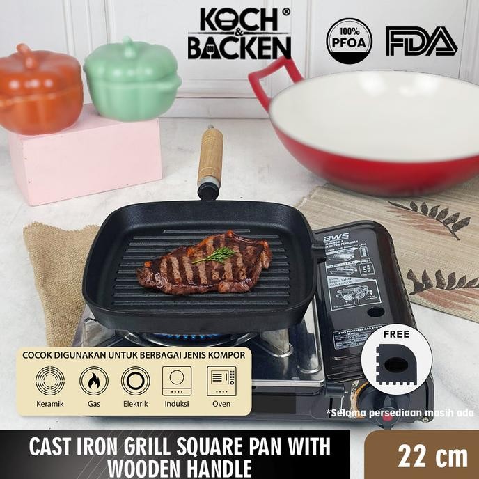Koch&Backen Cast Iron Grill Square Pan 22Cm - Wajan Panggang