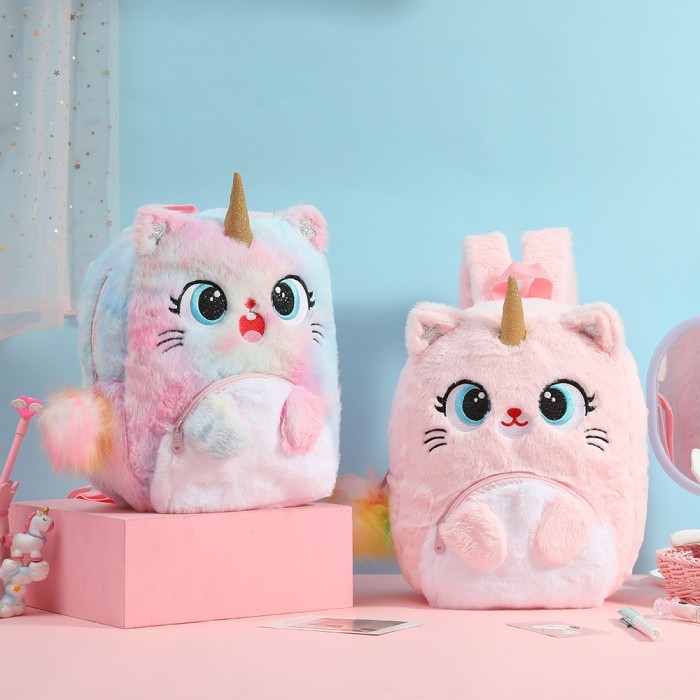 Tas sekolah anak TK PAUD unicorn kitty tas ransel bulu unik kado anak