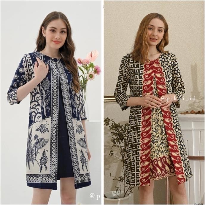 Dress Batik Wanita Modern Lengan Panjang / Seragam Dress Semi Rompi