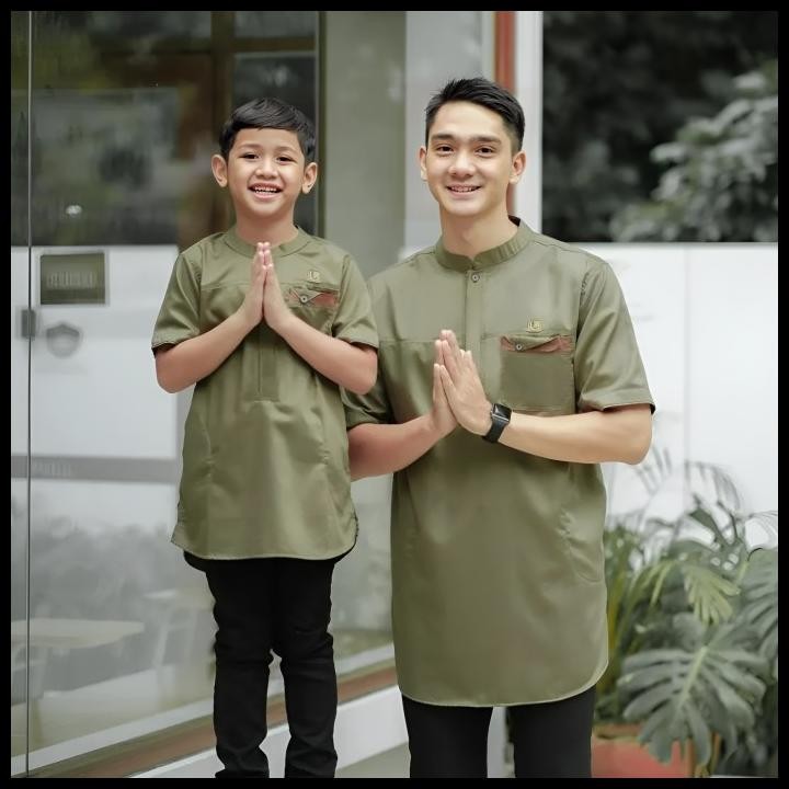 Baju Koko Kurta Couple Ayah Anak Lengan Pendek Toyobo Warna Hijau Sage Bergaransi