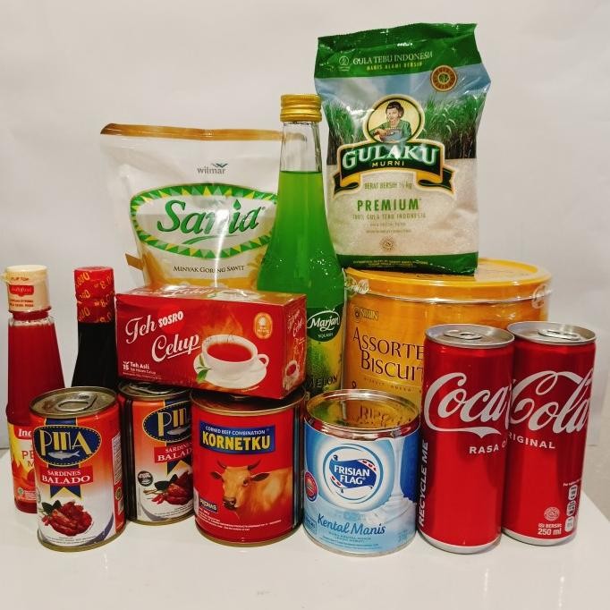 

Paket Sembako Hepi-5 : Syrup Marjan, Biscuit Nissin Kaleng, Minyak Goreng, Gula, Teh, Kornet, Sarden, Susu Skm, Kecap Manis Dan Saos Sambal, Coca Cola Kaleng, Kemasan Goodie Bag Plus Kartu Ucapan