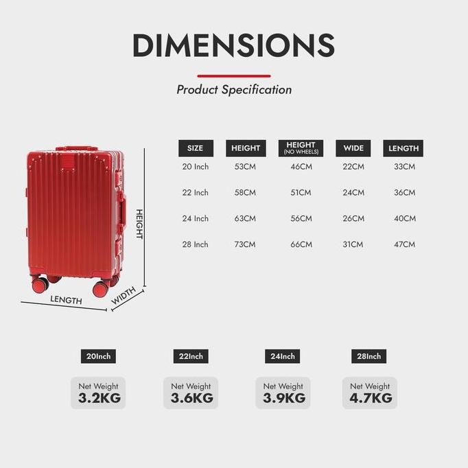 Roaming Koper A055 Kabin size 20 inch sd Bagasi size 28 inch Alumunium Frame TSA Lock 4 Roda 360 Rot