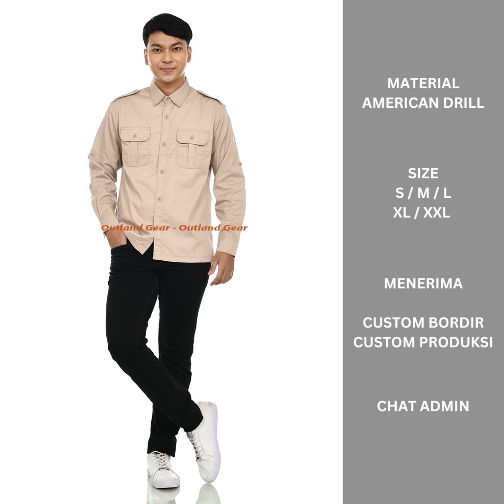Baju PDL Pria Lengan Panjang Kemeja Seragam Kerja Dinas Lapangan PDL PDH Cream Bahan American Drill 