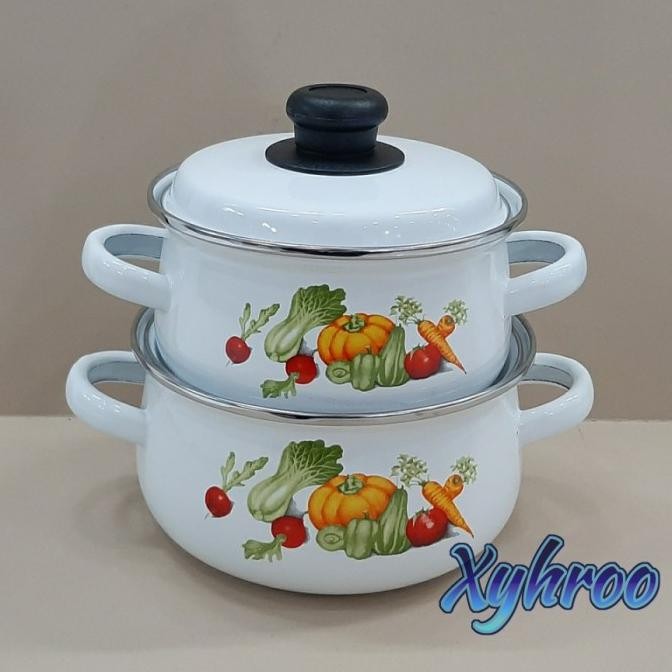 Hot Flase Panci Enamel Set 16Cm 18Cm Motif Sayuran Vinaset Rg-4