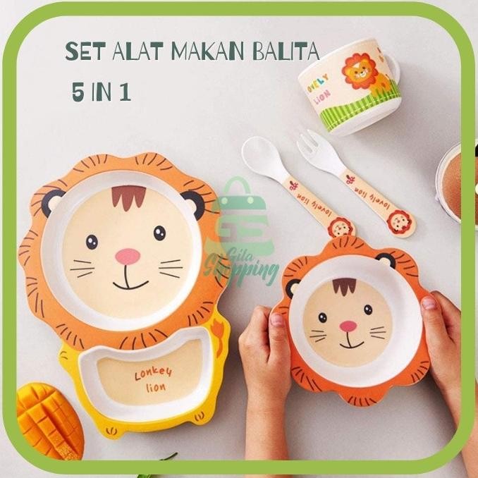Set Alat Makan Anak 5 in 1 Bamboo Fiber / Gift Set Piring Makan Balita h56j