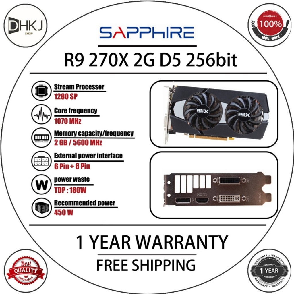 Sapphire R9 270X 2GB GDDR5 OC Kartu Video 256bit AMD Radeon R9 270X 2GB Kartu Grafis GPU Layar Deskt