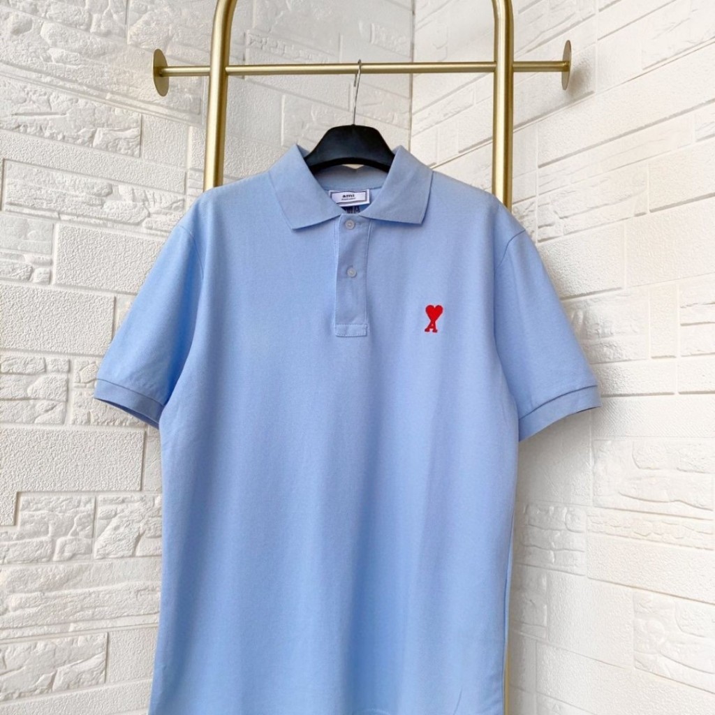 Am Kemeja Polo Hati Persik Merah Bordir Hati Klasik Baru Kaus Longgar Pasangan Pria Wanita Pendek Co