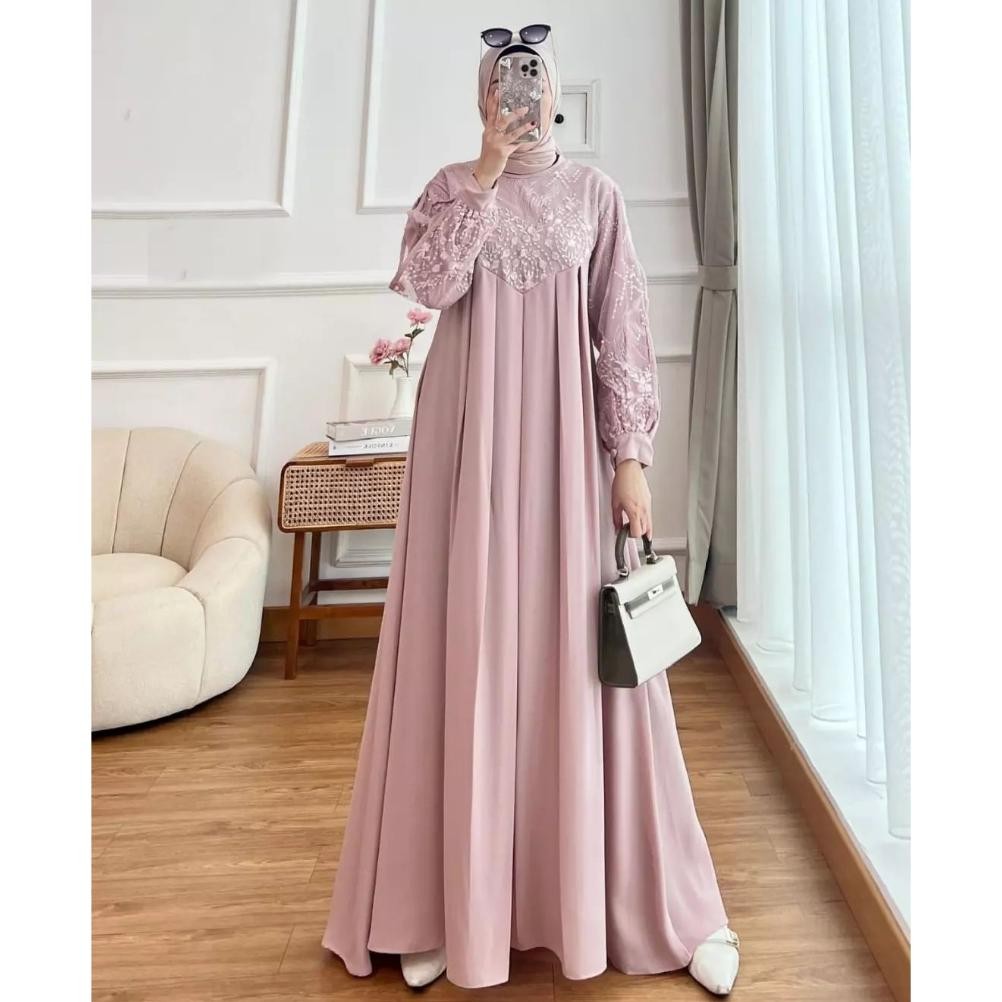 Super Sale Davina Dress Kondang Brukat Jumbo Gamis Pesta Mewah Wanita Kekinian Warna Green Sage Baju