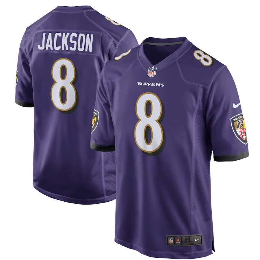 Kaus Sepak Bola NFL Pria Ravens #8 Jersey Sepak Bola Lamar Jackson Ungu Putih Hitam |79D57430|