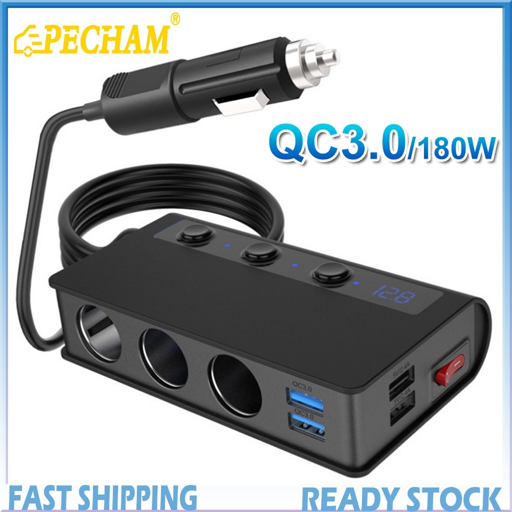 PECHAM Quick Charge 3.0 12V / 24V Pemisah Pemantik Rokok 3 Soket 180W Pemisah Mobil DC On-Off dengan