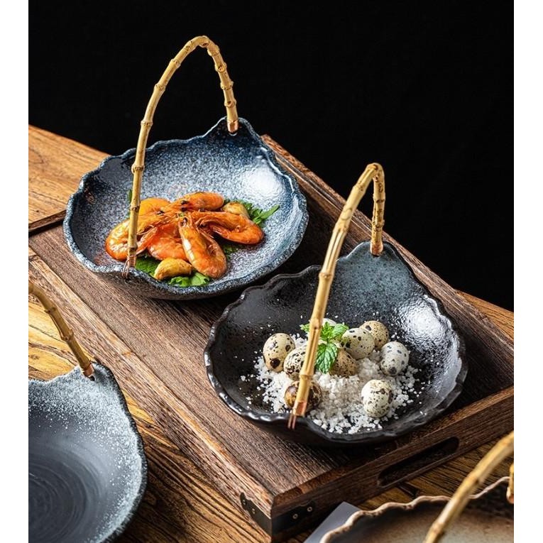 Mori Plate Wood Handle / Piring Saji Keramik Jepang Gagang Kayu Rotan TD