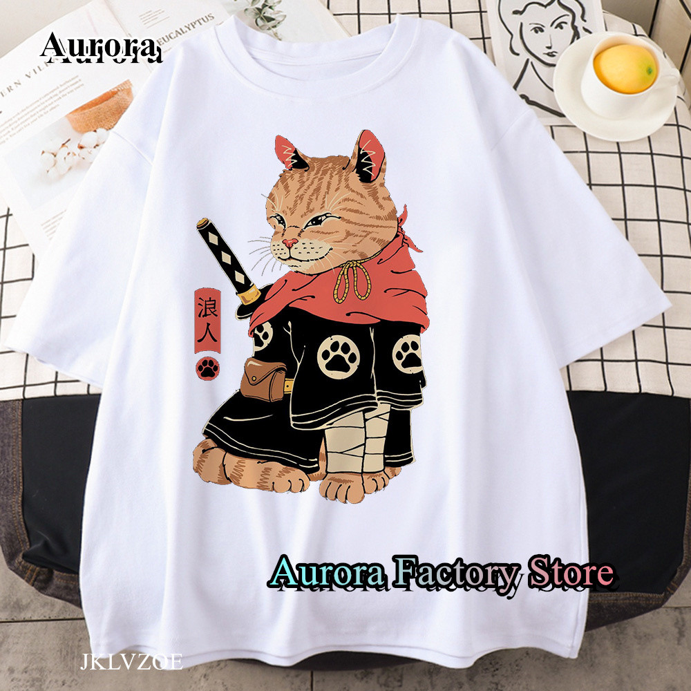 Kaos Katun Pria Pakaian Tee Pria Jepang Ronin Samurai Motif Kucing