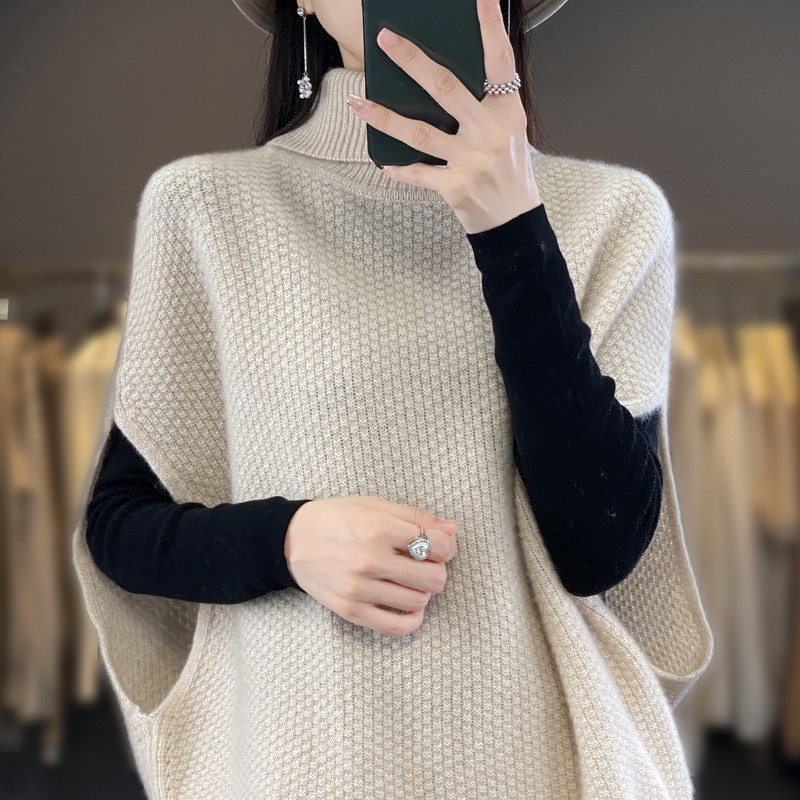 Rompi Rajut Wanita Satu Warna/Rompi Turtleneck Gaya Barat Lengan Batwing