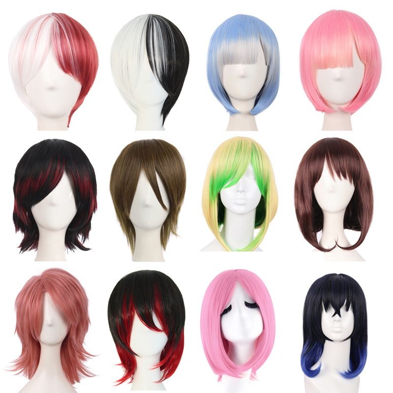 Rambut Palsu Lurus Pendek, Wig Permainan Anime Anti Melengkung, Ungu, Merah Muda, Hitam, dan Putih, 