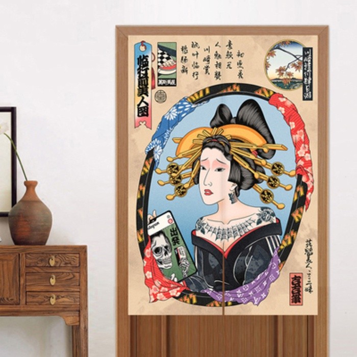 Tirai Pintu Linen Tirai Noren Terpisah Jepang Geisha Pola Ukiyo-e untuk Dekorasi Pintu Partisi Priva