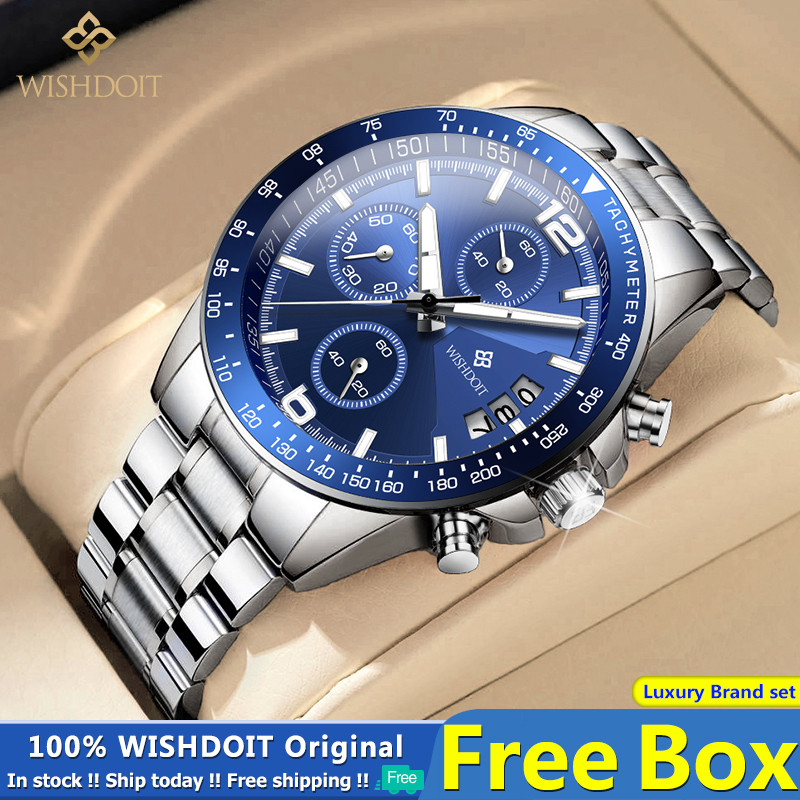 WISHDOIT Jam Tangan untuk Pria Asli Tahan Air Baja Tahan Karat Jam Tangan Logam Perak Jam Tangan Kal