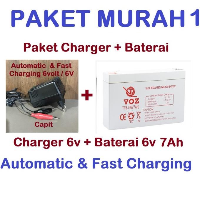 Paket Charger + Aki Baterai Mobil motor mainan Anak Voz 6v 7ah 7.2ah