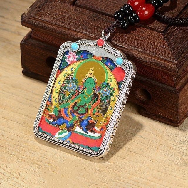 Thangka Asli Tibet Hitam Emas Liontin Kuning . Kekayaan Guanyin Maitreya Kalung
