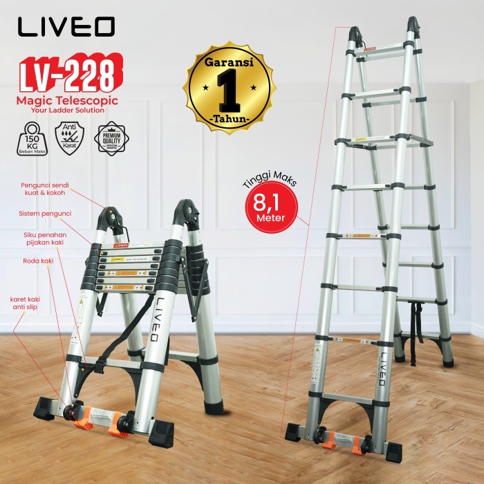 Tangga Teleskopik 7,8 Meter Multi, Tangga Double Lipat Merk Liveo