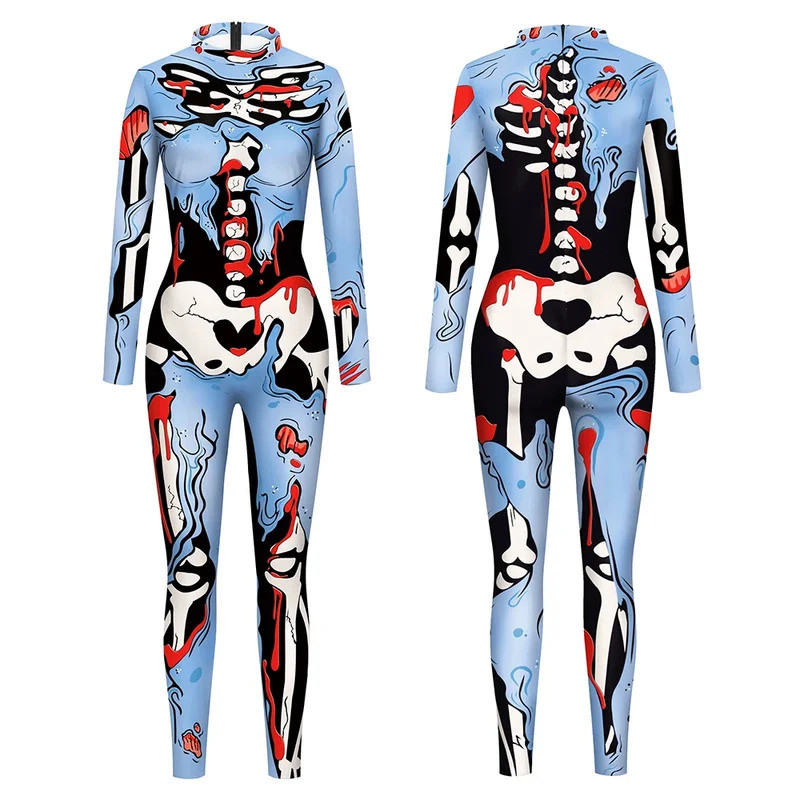 Fancy Skeleton Jumpsuit Women Halloween Colour Skull Cosplay Costume Long Sleeve Skinny Bodysuit Zip