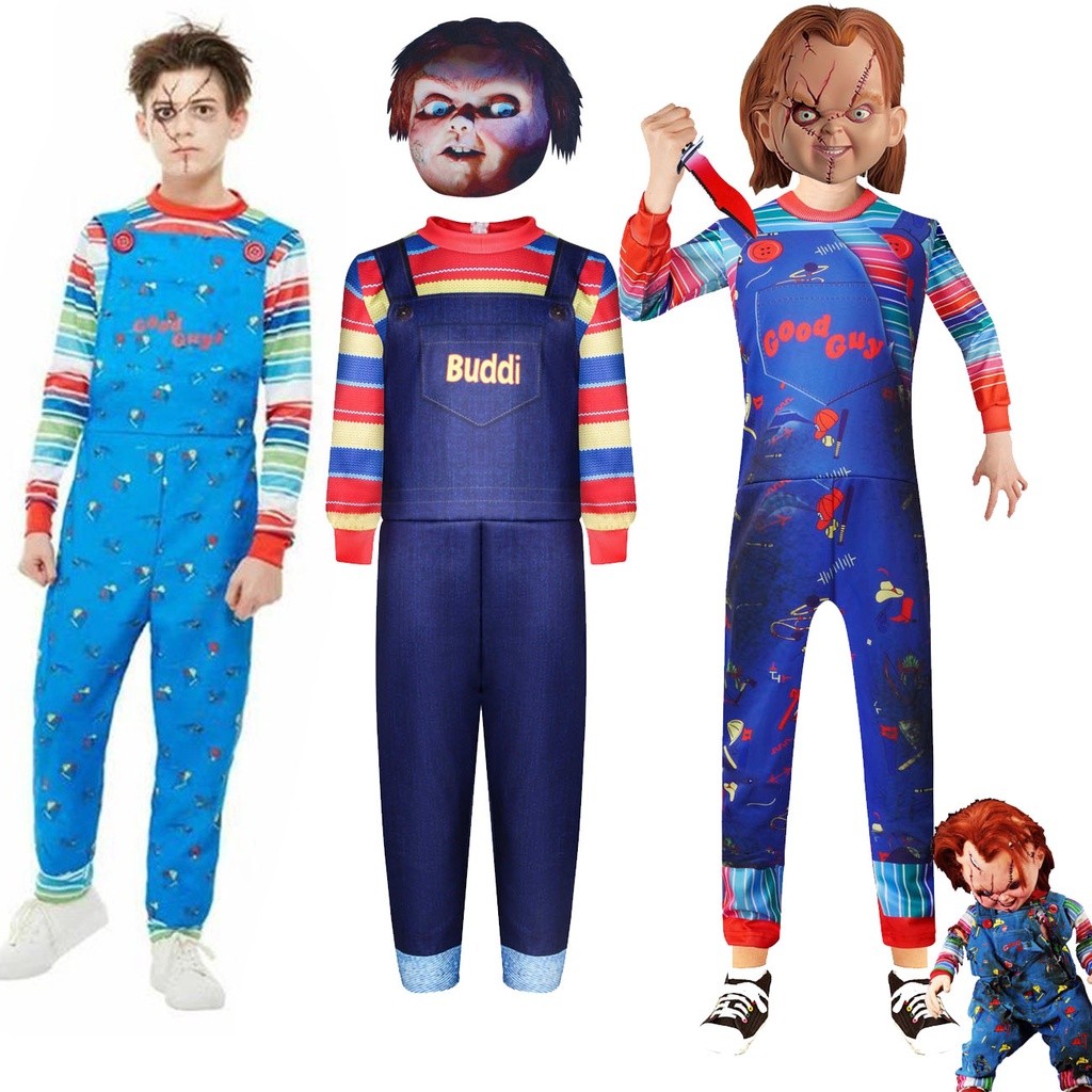 Kostum Horor Halloween Permainan Anak-anak Kostum Cosplay Chucky Anak-anak Boneka Hantu Set Lengkap 