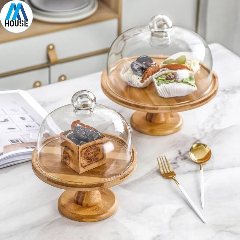 Stand Kue Kayu dengan Penutup Kaca Stand Cupcake Piring Makanan Penutup Stand Pajangan Makanan Kayu 