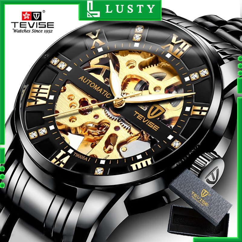 【TEVISE】Jam Tangan Otomatis untuk Pria Jam Tangan Relo Kedap Air Analog Kerangka Emas Mewah Baja Tah