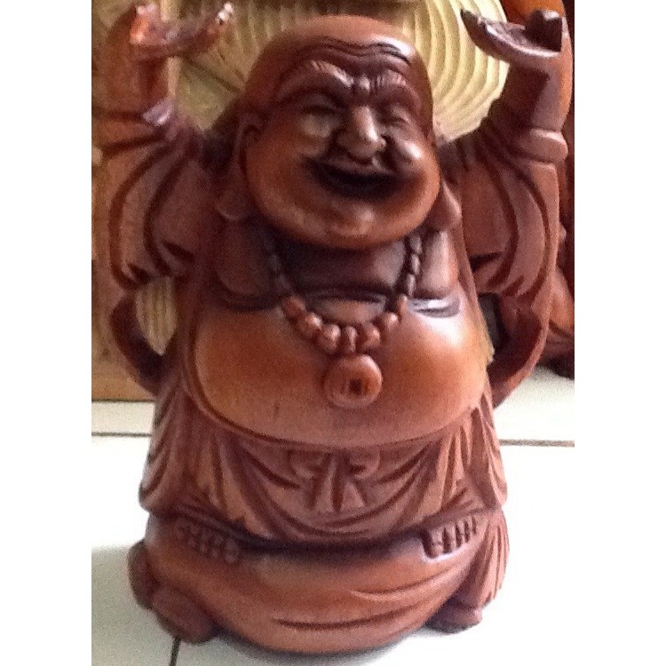 Sani - Patung Kayu Happy Budha / Buda Tertawa Berdiri Mengangkat 2 Tangan