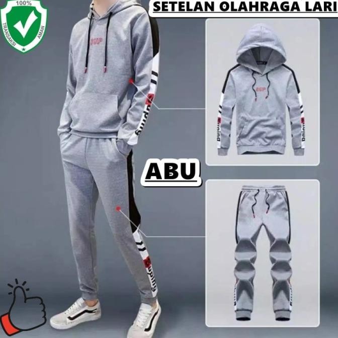 SET Pakaian baju olahraga pria dewasa hoodie + celana training lari