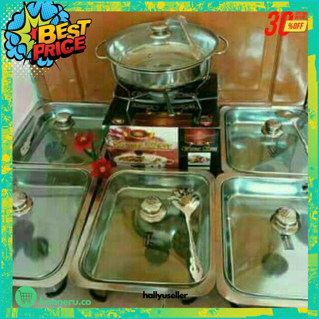 Promo Tempat Makan Prasmanan Set Tutup Full Kaca Atau Batik Bahan Stainless Isi 5 Kotak + 1 Bulat Me