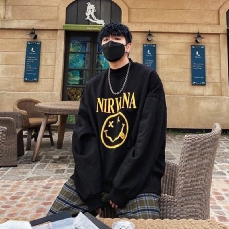 Epix Apparel Jaket Sweater Korean NIRVANA SMILE Sablon Simple Big Size Crewneck Oversize Unisex SMIL