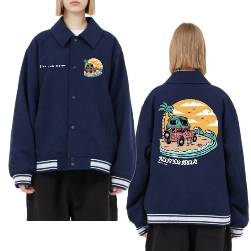 Epix Apparel Jaket Varsity Polo Collar Big Size Bomber Jacket BEACH SEA FIND YOUR ESCAPE Sablon Pria