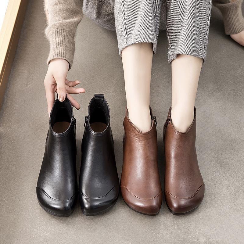 Large Size Shoes Leather Shoes Women's Cotton Shoes Leather Boots Retro Ankle Boots