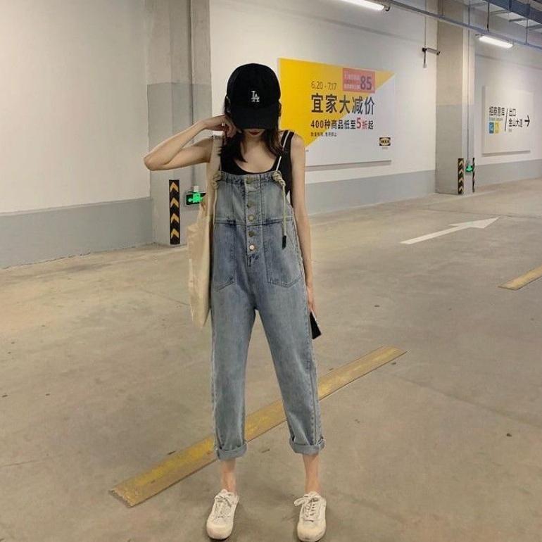 TERLARIS Jeans Jumpsuit Celana Kodok Celana Tali Ikat Celana Wanita Longgar Lebar Kaki Celana