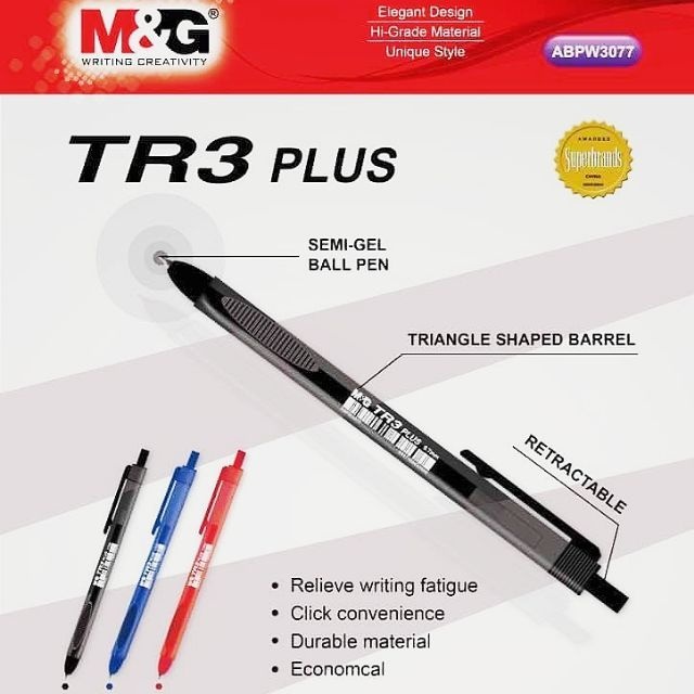 

Pulpen Semi Gel TR3 Plus M&G ABPW3077 Ballpaint Tip 0.7 mm Tinta Warna Hitam Biru Merah - SATUAN