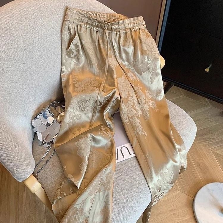 8Perempuan Berkualitas Tinggi150kgCelana Kasual Satin Jacquard Gaya Celana Tinggi Pinggang Tinggi