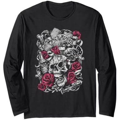 Kaos Lengan Panjang Flourish Skull Pink Roses Resmi Guns N' Roses |sohAJsuO|