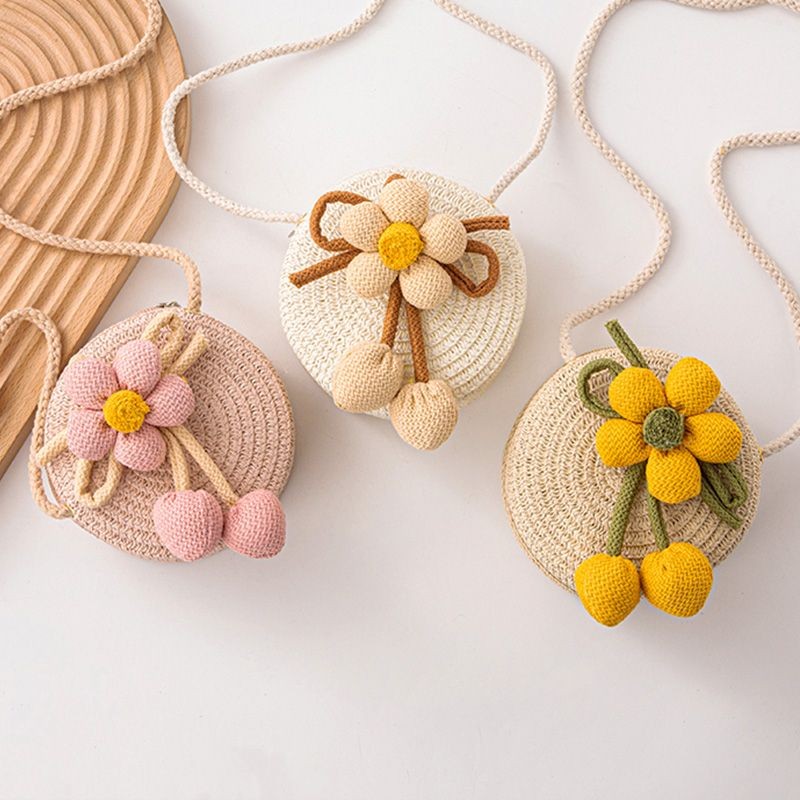 Tas Koin Anak-anak Tas Anyaman Gaya Pastoral Lucu Mode Gaya Barat Anak Perempuan Tas Bulat Selempang