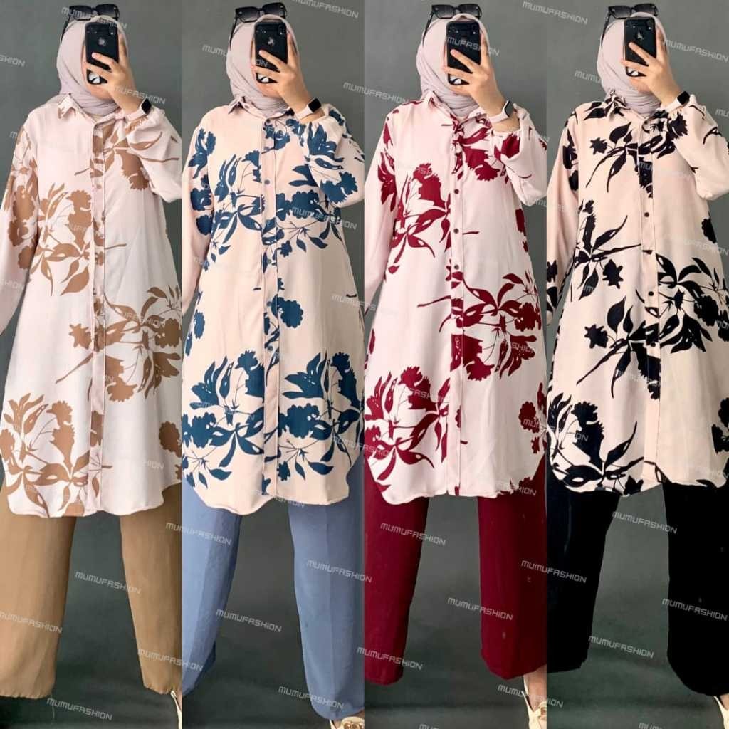 Abaya syari RATI - MUNNA TUNIK SET CELANA by Mumufashion Solo Setelan Tunik Wanita Motif Bunga