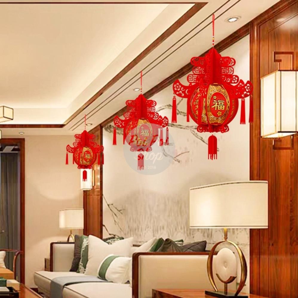 GHT Lampion Imlek Rakit LED Merah Emas Motif Imlek Naga 2024 JZH Dekor Cafe Rumah Motif Kain China D