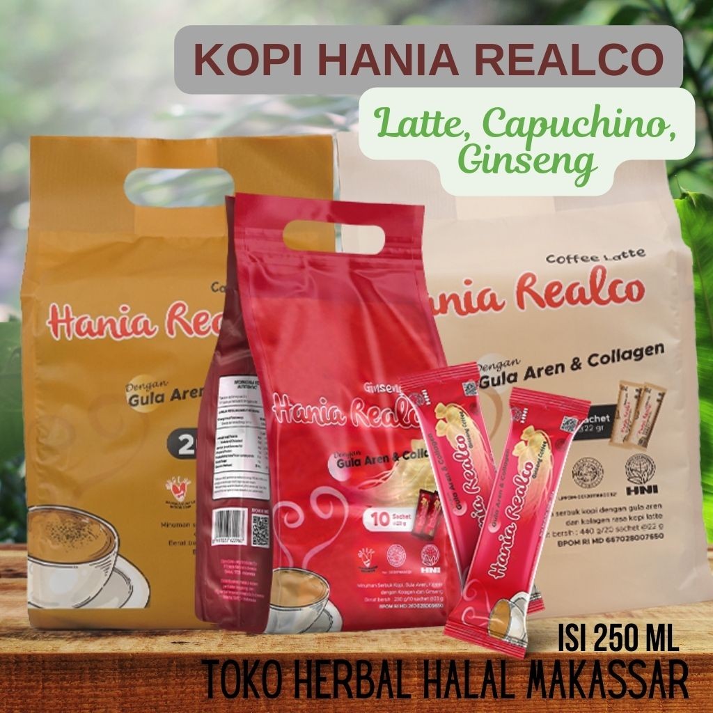

Kopi Hania Realco Latte Cappucino & Ginseng HNI HPAI isi 10 sachet Kopi yang menyehatkan