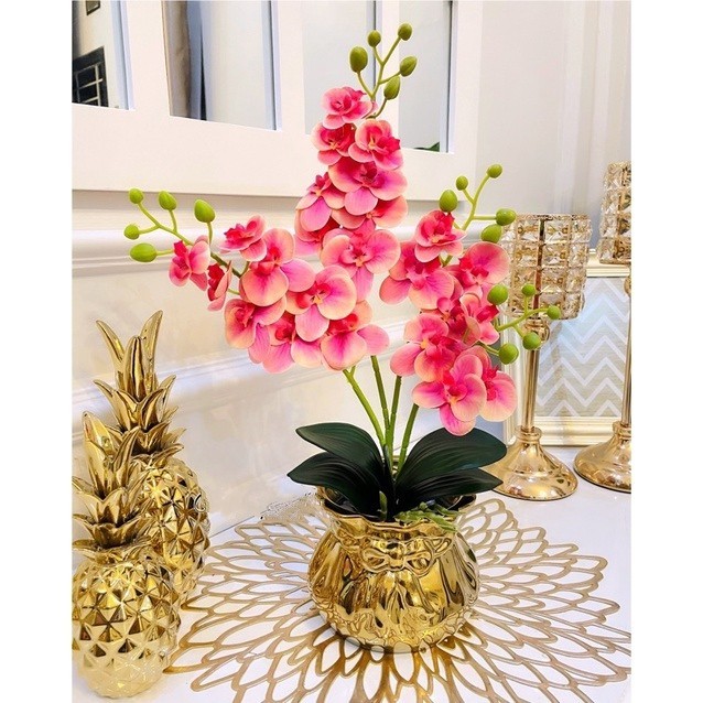 BUNGA ANGGREK LATEX 4 CABANG VAS GOLD KERAMIK HIASAN MEJA BUNGA MEJA