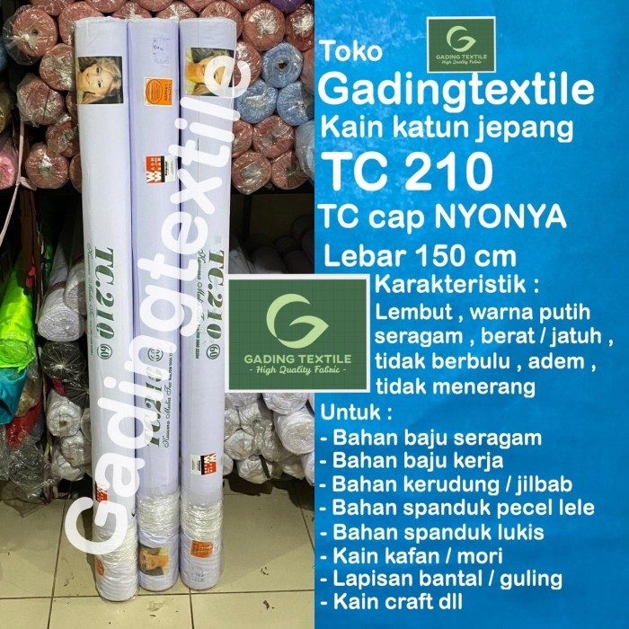 Kain katun jepang polos putih TC 210 NYONYA per ROLL kemeja kerudung
