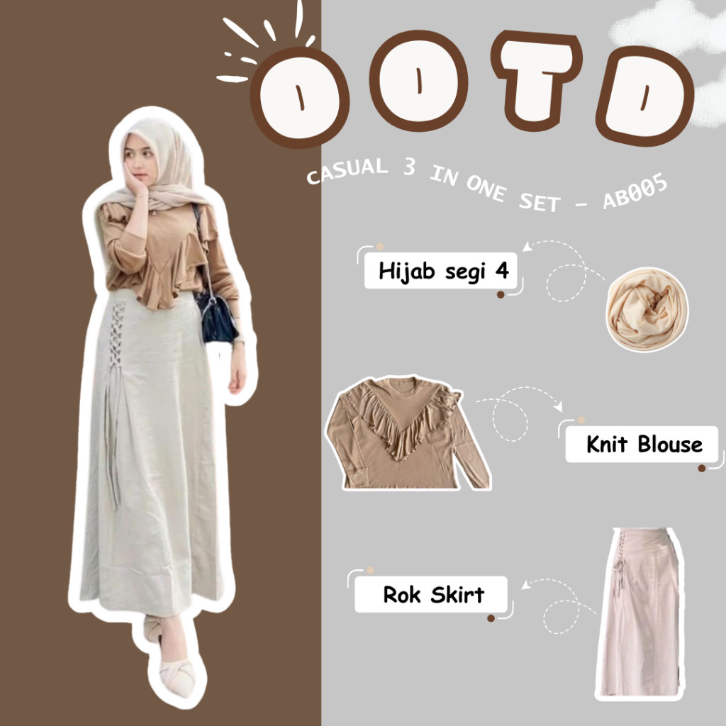 Ab005 - SET Rok 3 DALAM SATU | Outfit HIJAB SANTAI GAYA KOREA ALA PINTEREST (Bella Square+Blus Rajut