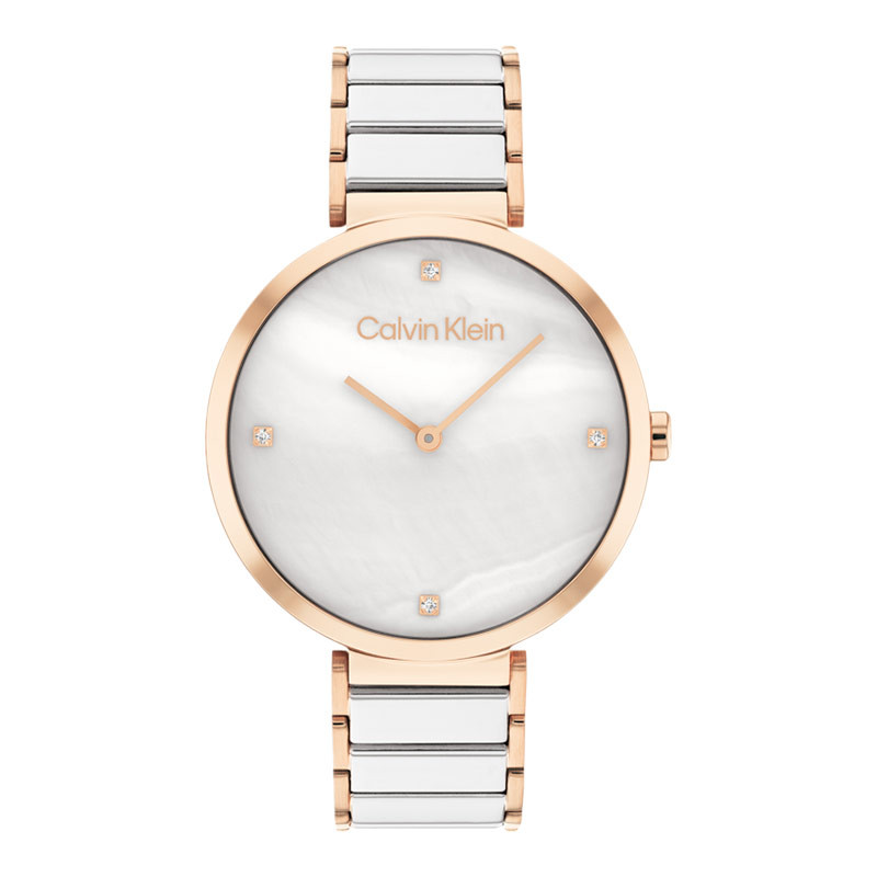 [PRJ] Jam Tangan Wanita Calvin Klein Minimalistic T-Bar 25200430 Mother Of Pearl Dial Dual Tone Stai